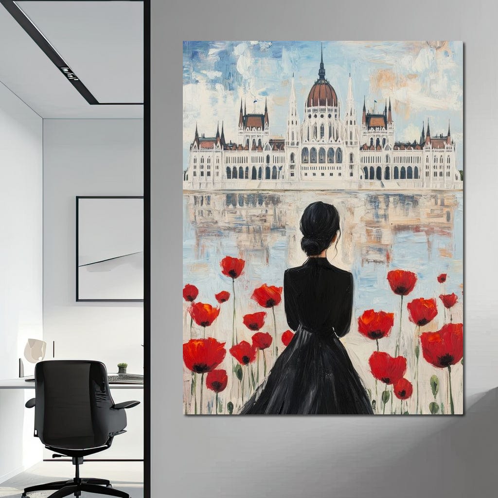 Tablou Canvas Premium, LuxCanva® G1120, Vis la Budapesta, Maci, Flori, Palat, Oras, Dunare, Rosu, Visare, Tacere, Femeie, Living, Dormitor