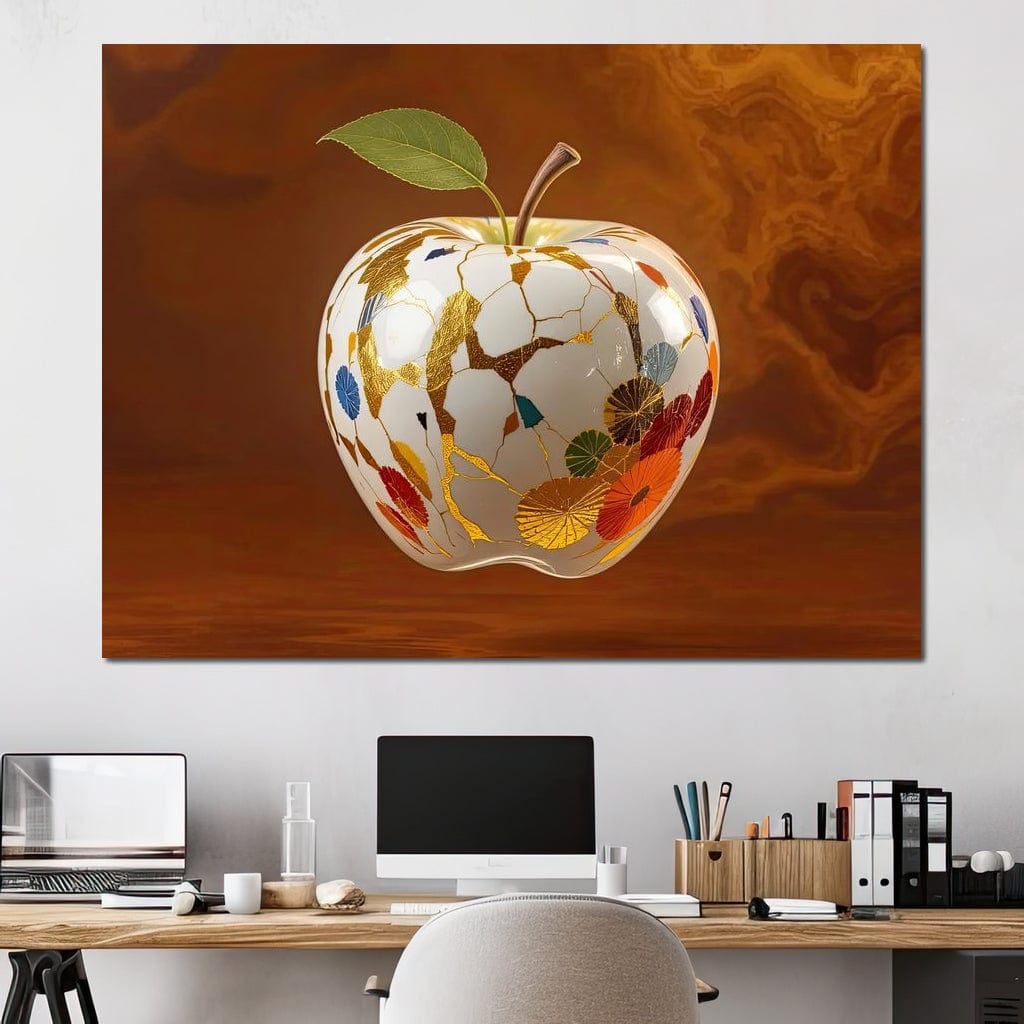 tablou canvas cu un mar de portelan alb cu ornamente florale in nuante calde, pe fundal abstract in nuante de bronz