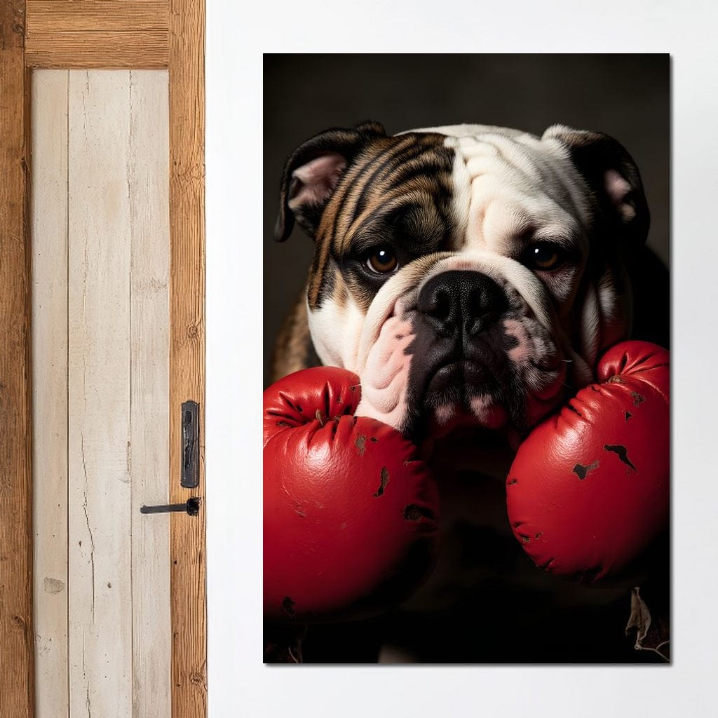 tablou canvas cu un bulldog cu manusi de box rosii, pe fundal inchis