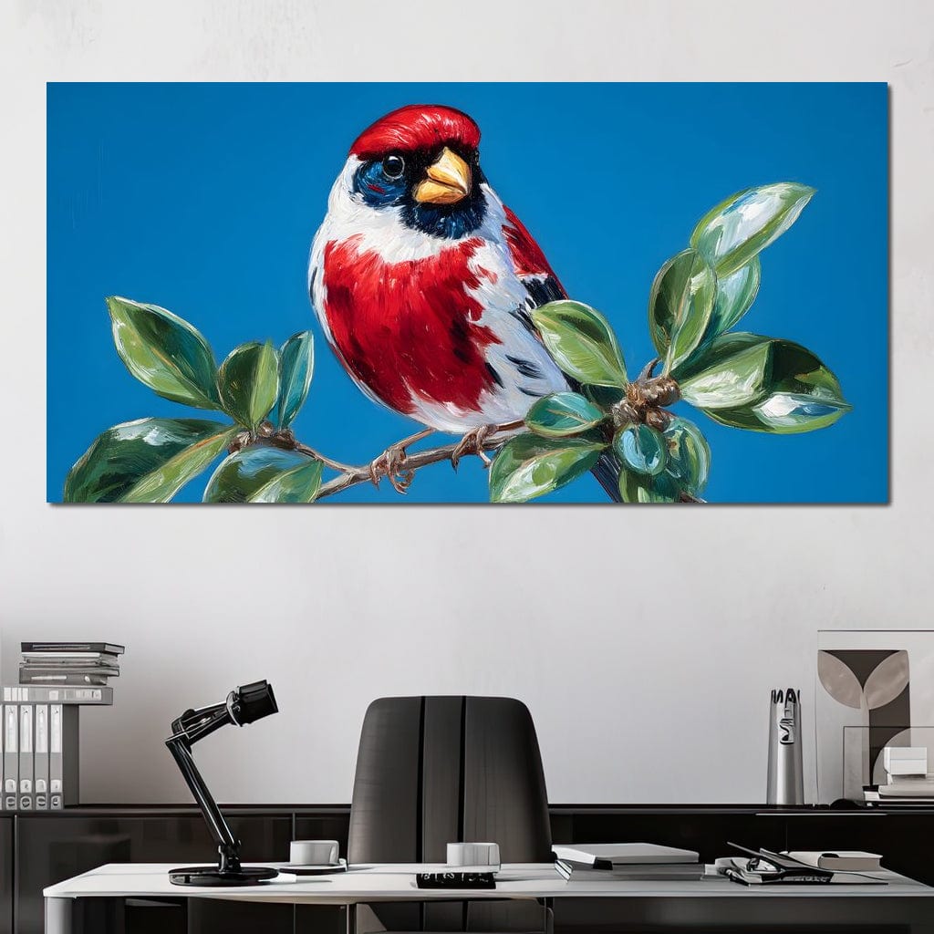 tablou canvas cu o pasare rosie cu accente albe si negre, asezata pe o ramura cu frunze verzi pe fundal de cer senin