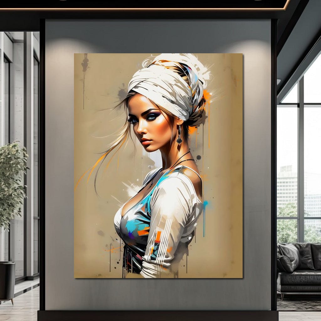 Tablou Canvas Premium LuxCanva® G1011, Regina Desertului , Libertate, Atemporal, Privire, Nisip, Turban, Alb, Living, Dormitor, Culori vibrante