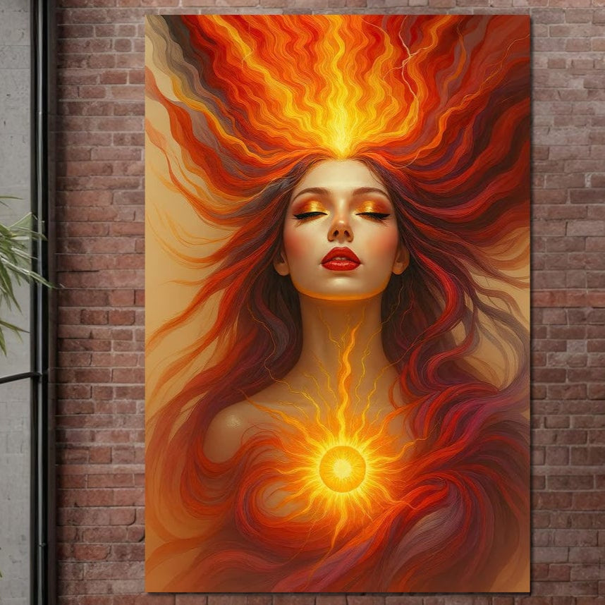 Tablou Canvas Premium, LuxCanva® G1158, Zeita Focului, Flacari, Soare, Chakre, Rosu, Auriu, Energie, Solara, Raze, Puritate, Simbolism, Mistic, Aura, Meditatie, Zen, Birou, Living, Dormitor