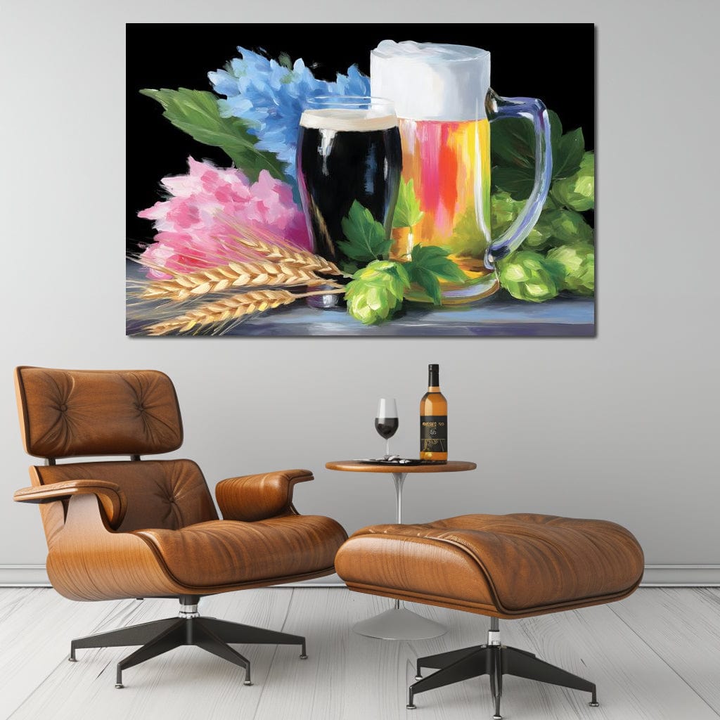 tablou canvas cu o halba de bere blonda si un pahar cu bere neagra, printre flori multicolore si flori de hamei, pictate pe fundal negru