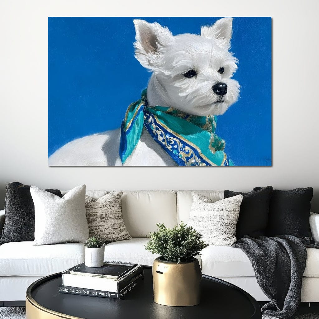 tablou canvas cu un caine alb cu esarfa turcoaz eleganta, surprins din profil pe fundal albastru deschis