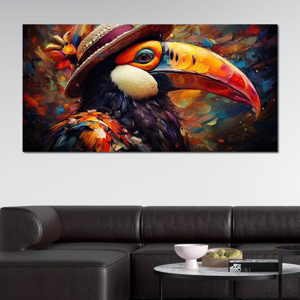 tablou canvas cu un tucan colorat cu palarie, pe fundal abstract vibrant