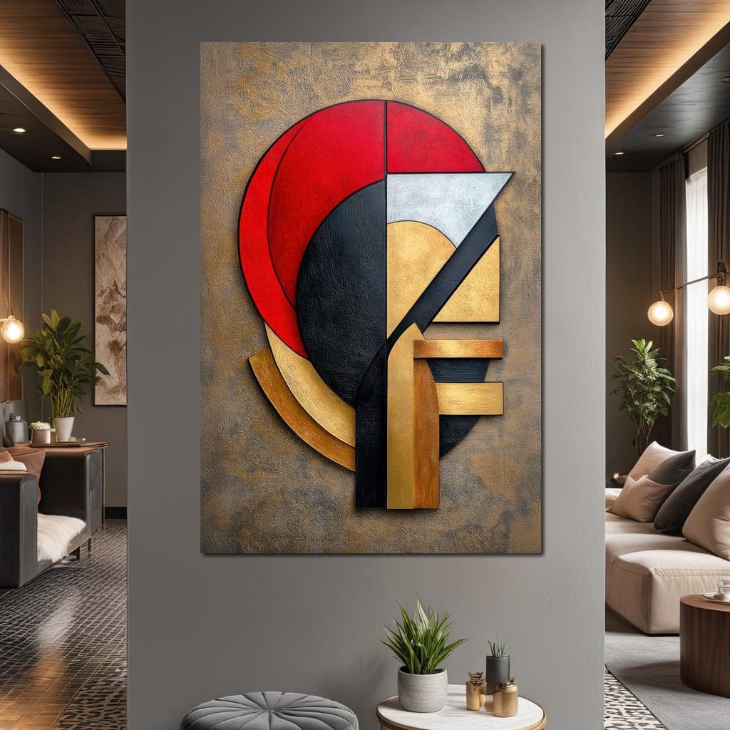 Tablou Canvas Premium, LuxCanva® J1001, Chip Fragmentat, Chip, Stilizat, Forme, Suprapus, Rosu. Galben, Echilibru, Disociere, Arta, Expozitie, Artist, Living, Dormitor