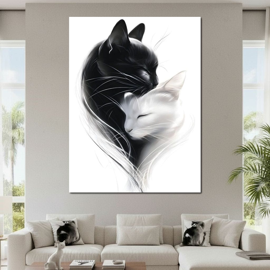 tablou canvas cu o pisica alba si una neagra, imbratisate intr-un cadru alb