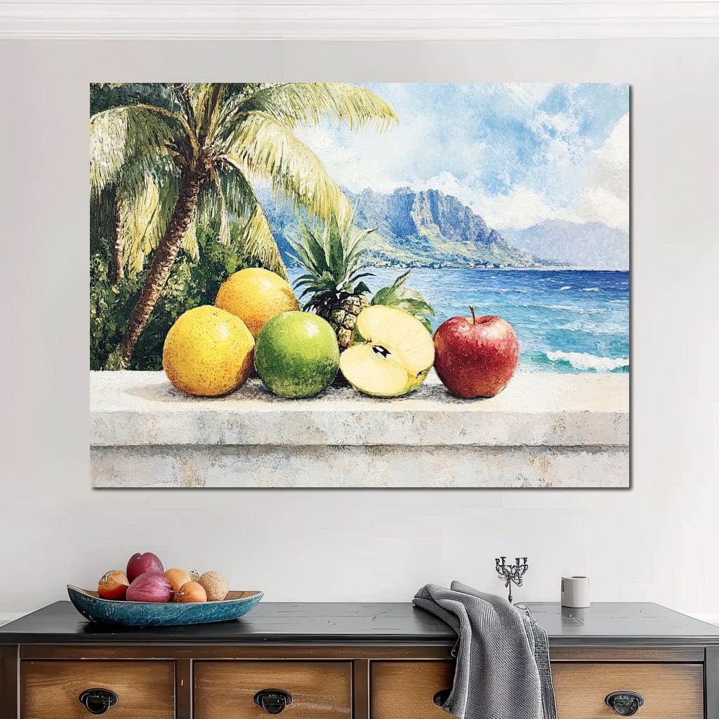 tablou canvas cu diverse fructe, pe fundal tropical cu palmieri si valurile unui ocean, pictat in nuante deschise