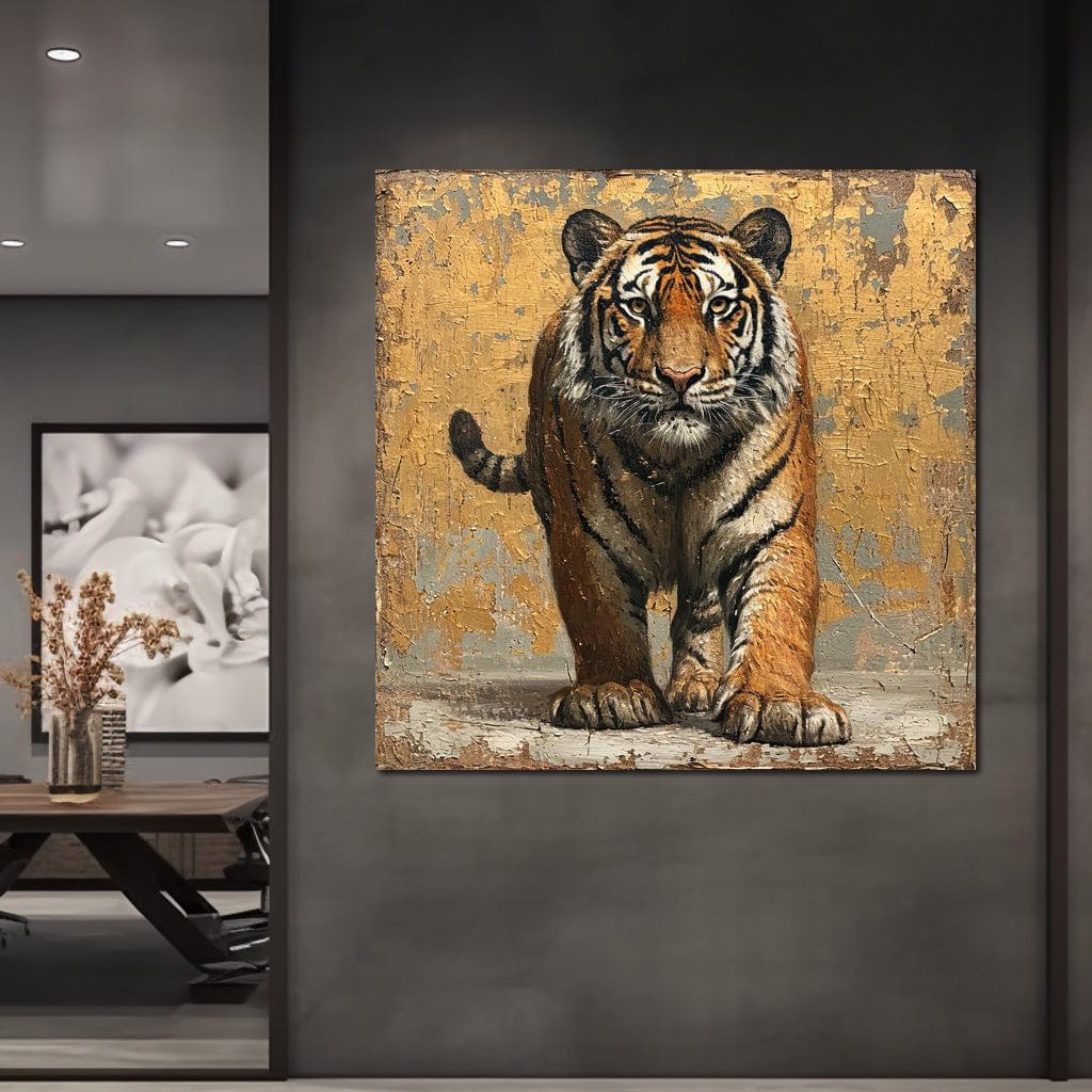 tablou canvas cu portretul unui tigru in mers, pictat realist pe fundal texturat cu aspect de perete vechi, in stil vintage