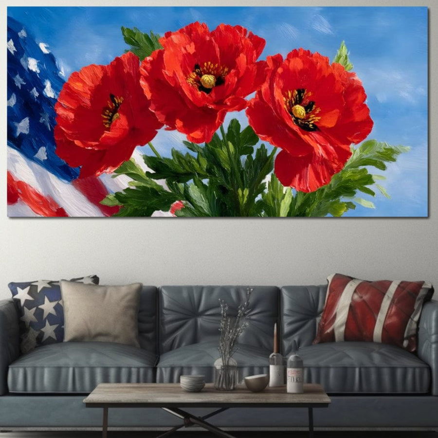 tablou canvas cu trei maci rosii si steagul american pe fundal de cer albastru