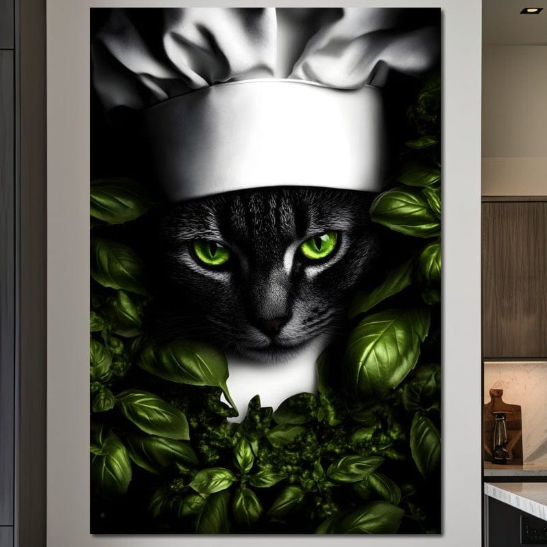 tablou canvas cu o pisica tigrata cu ochi verzi, in costum de bucatar si inconjurata de frunze verzi