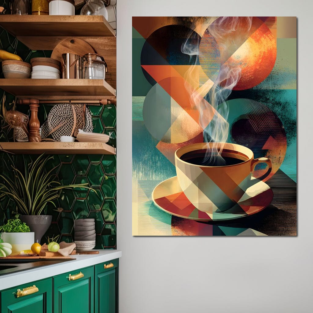 tablou canvas cu o ceasca de cafea espresso fierbinte, cu aburi, pe fundal abstract in cercuri si linii desenate in nuante calde si reci