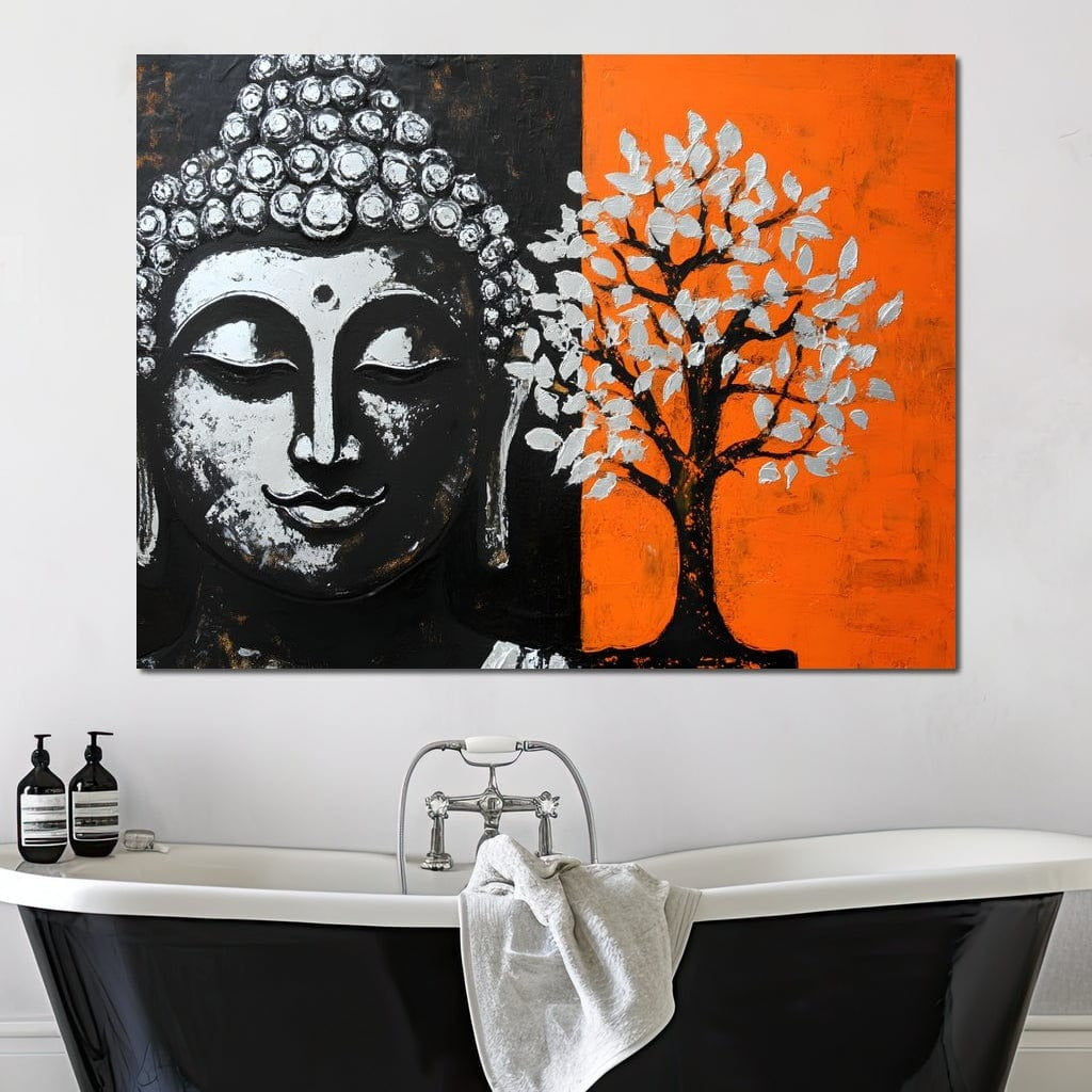 Tablou Canvas Premium LuxCanva® I153, Copacul Vietii, Buddha, Zen, Armonie, Spiritualitate, Energie, Echilibru, Meditatie, Copac, Iluminare, Portocaliu Living, Dormitor