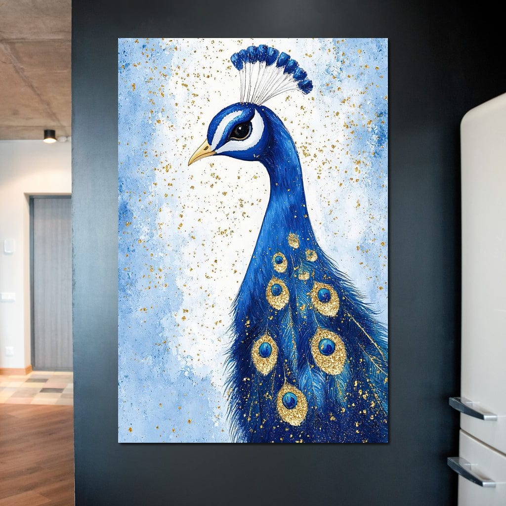 tablou canvas cu un paun albastru regal, decorat cu detalii aurii pe fundal deschis