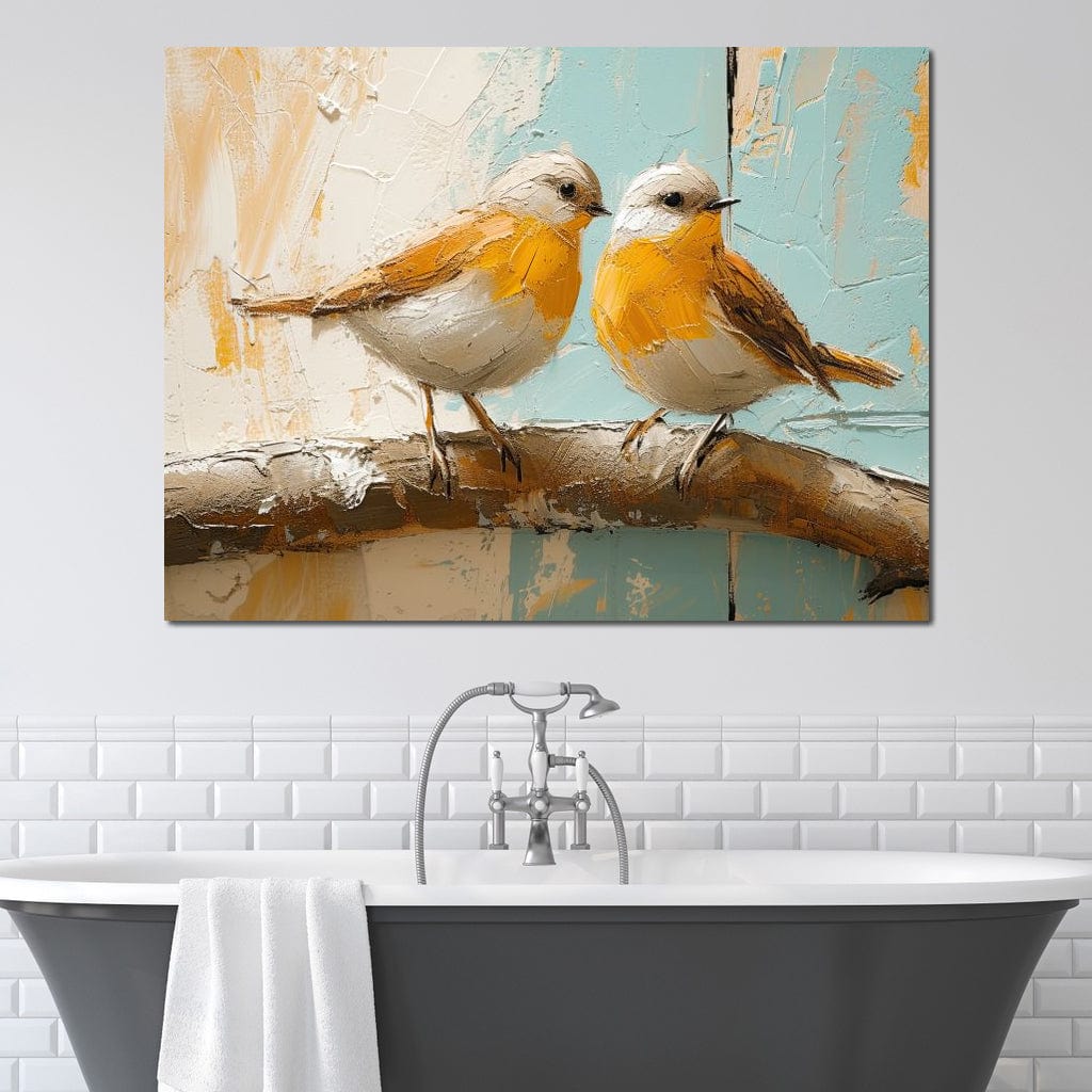 tablou canvas cu doua pasari galbene pe o ramura pe fundal texturat in stil pictura