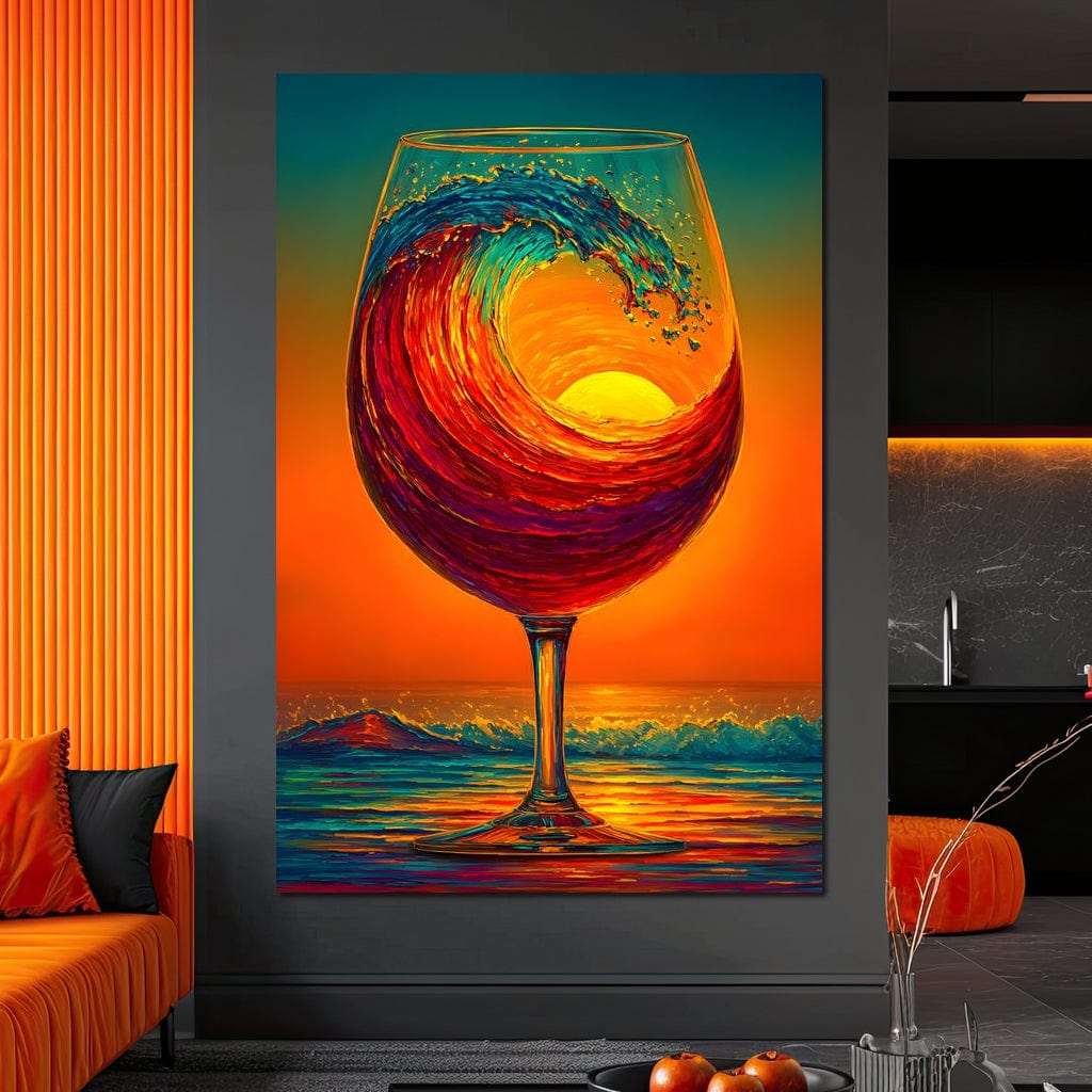 tablou canvas cu un pahar de vin rosu in valuri, pe o plaja la apus de soare