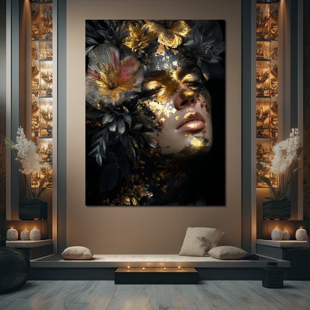 Tablou Canvas Premium, LuxCanva® G1219, Somnul Zeitei, Alchimie, Aur, Flori, Secret, Noapte, Incoronat, Baroc, Opulenta, Floral, Metamorfoza, Obscur, Mistic, Salon, Birou, Living, Dormitor