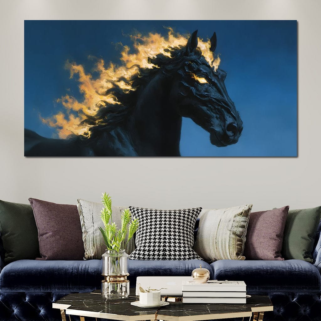 tablou canvas cu un cal negru cu coama in flacari, in galop pe fundal albastru