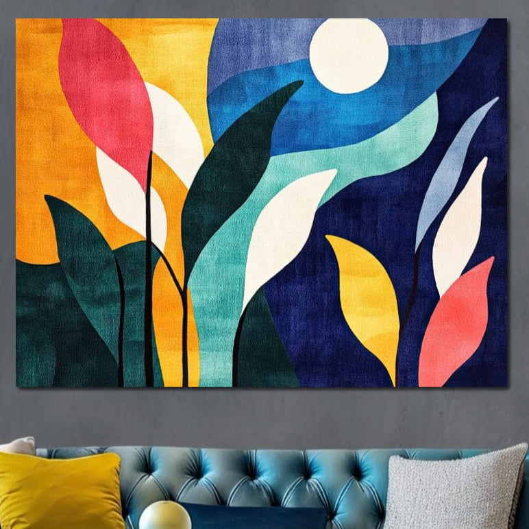 Tablou Canvas Premium, LuxCanva® J1009, Sub Lumina Lunii, Noapte, Tropicala, Gradina, Culori, Albastru, Ecosistem, Cromatic, Peisaj, Luna, Soare, Living, Dormitor