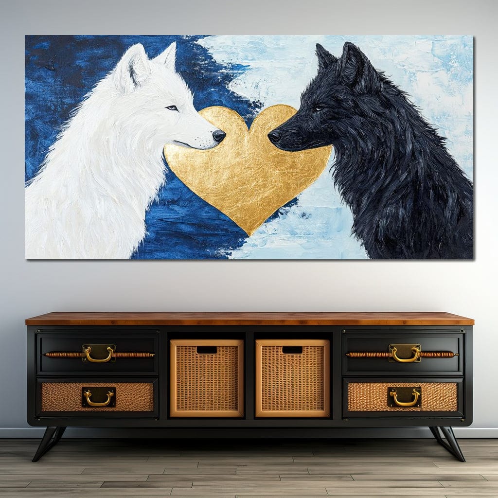 tablou canvas cu un lup alb si unul negru, pictati pe fundal in nuante de albastru si o forma de inima aurie