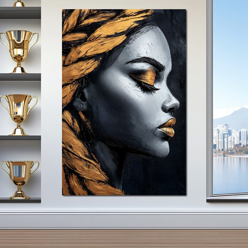 Tablou Canvas Premium, LuxCanva® G1146, Femeia cu Profil de Aur, Arta, Moderna, Pictura, Contemporan, Auriu, Modern, Alb, Negru, Eleganta, Impletitura, Birou, Living
