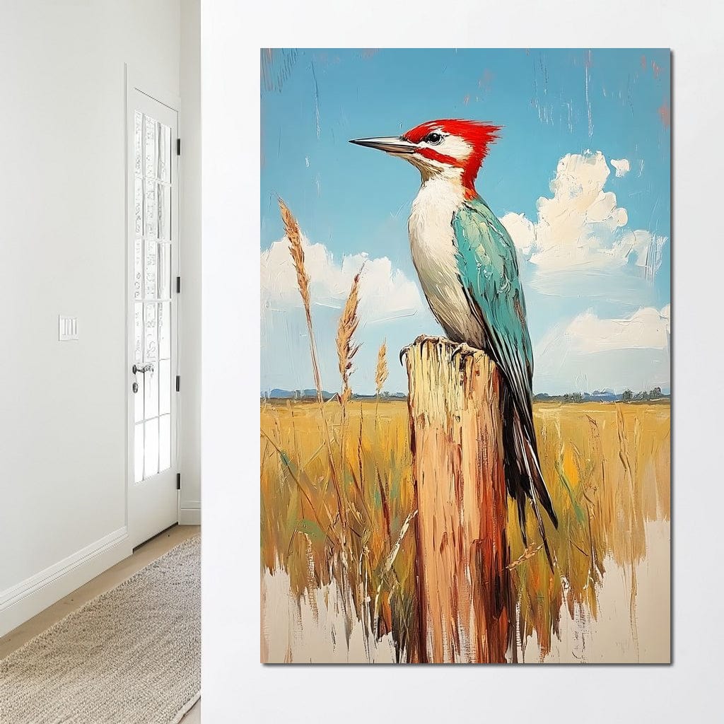 tablou canvas cu o ciocanitoare pe un stalp de lemn, intr-un peisaj rustic de campie