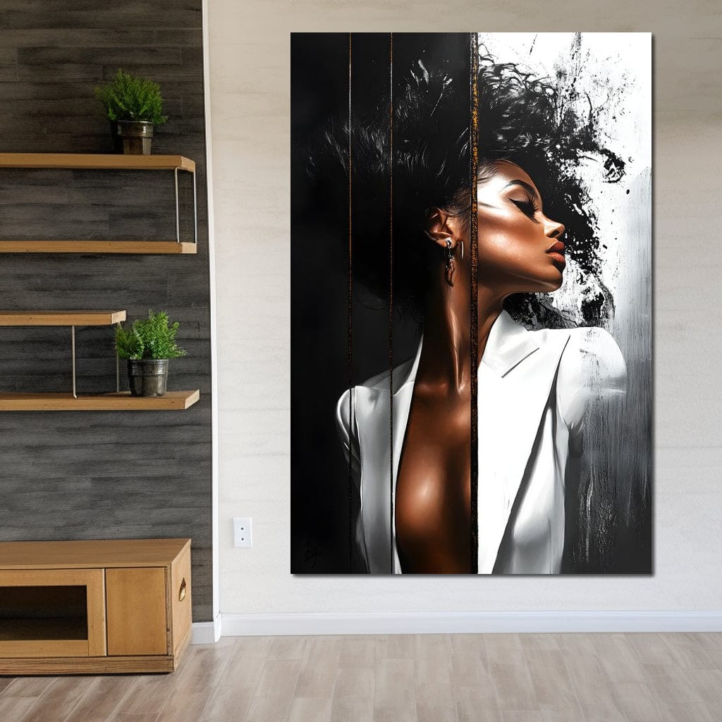 Tablou Canvas Premium, LuxCanva® G1182, Forta Feminitatii, Alb, Negru, Stil, Eleganta, Armonie, Lux, Urban, Auriu, Blazer, Par, Portret, Dinamism, Fashion, Birou, Living, Dormitor