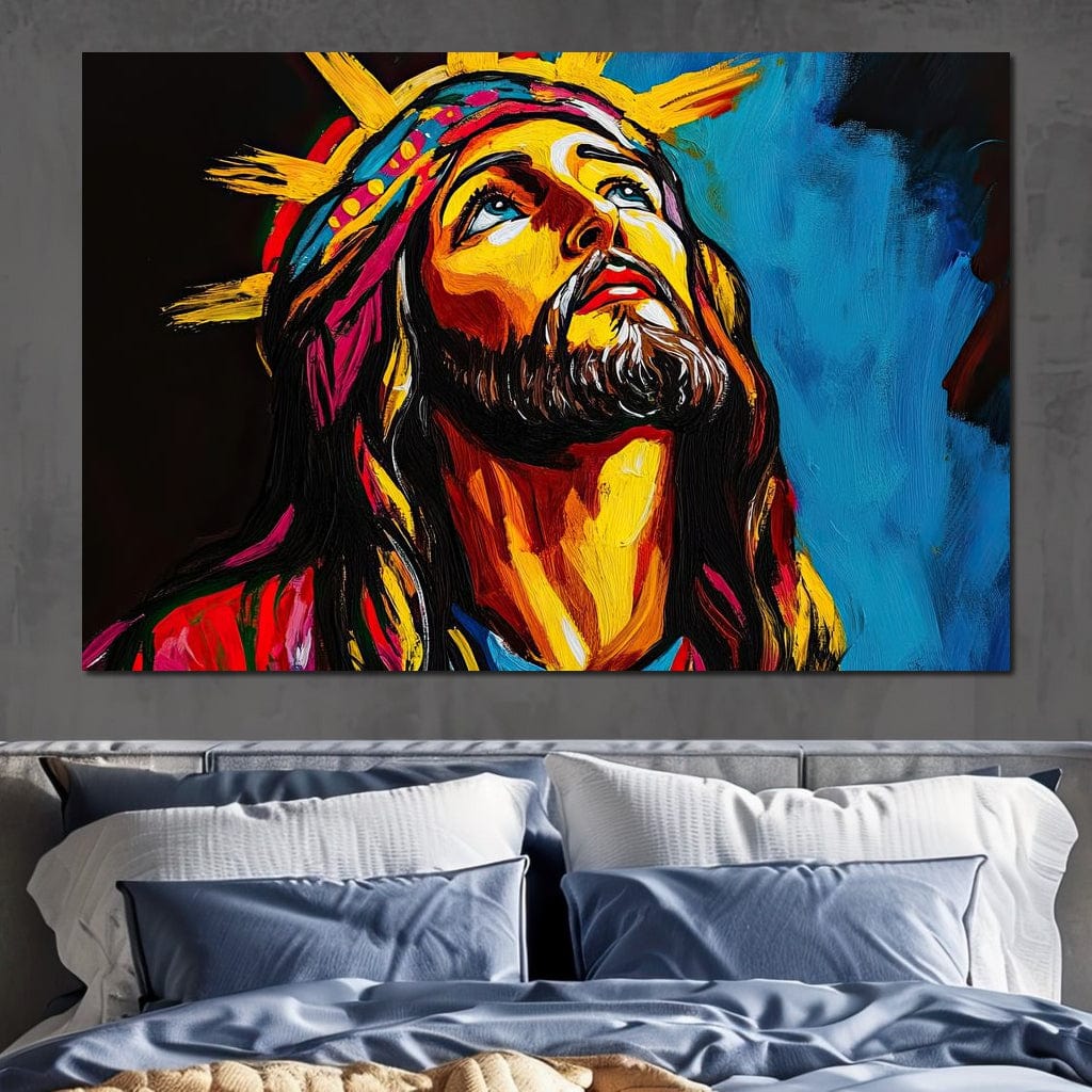 Tablou Canvas Premium LuxCanva® H1052, Privire catre Cer, Iisus, Contemplare, Pace Interioara, Coroana de Spini, Cer, Chip, Arta Religioasa Moderna, Living, Dormitor