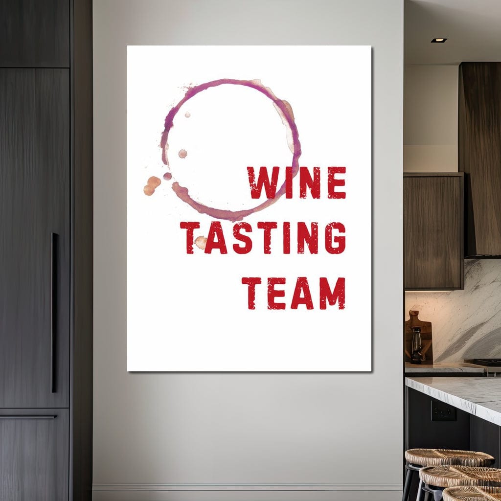 tablou canvas cu un cerc rosu, patat de vin, si un mesaj text rosu pe fundal alb