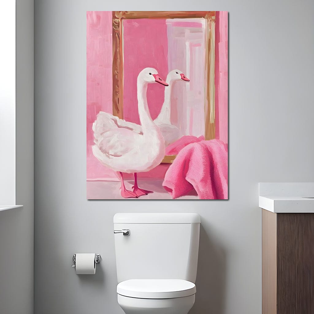 tablou canvas cu o lebada si un prosop roz, privind in oglinda cu margini aurii, pe fundal roz pastelat