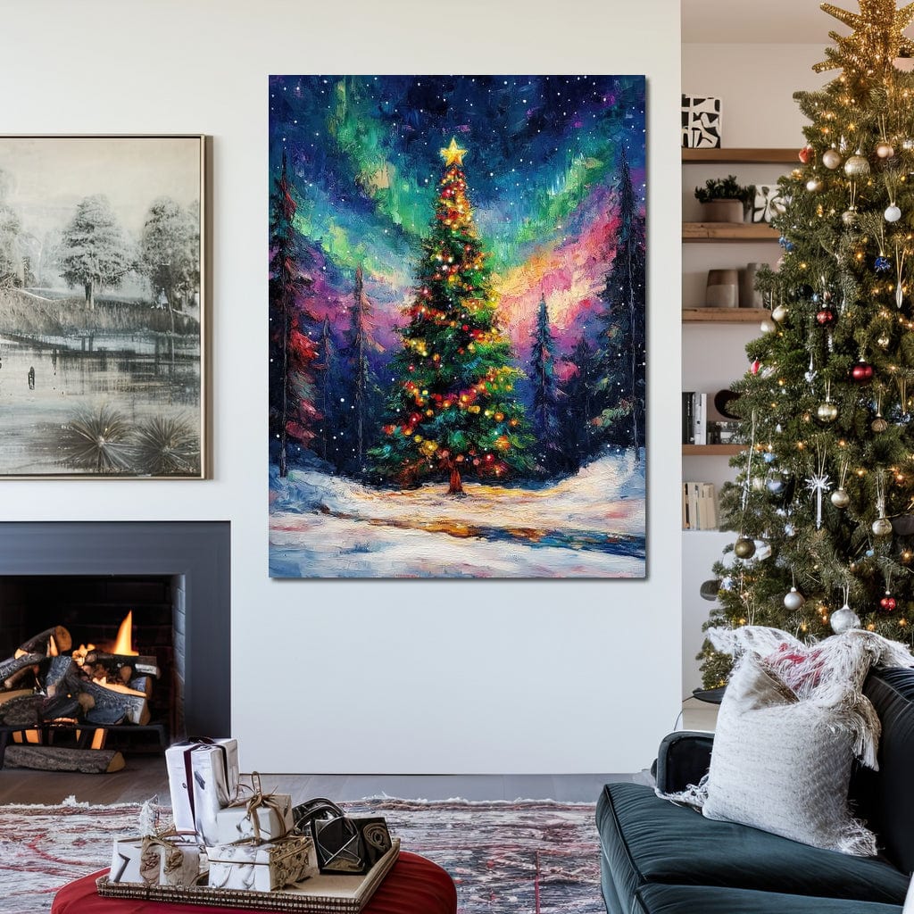 Tablou Canvas Premium LuxCanva® D1052, Aurora Boreala si Magia Bradului , Aurora, Craciun, Luminite, Padure, Instalatie, Living, Culori vibrante
