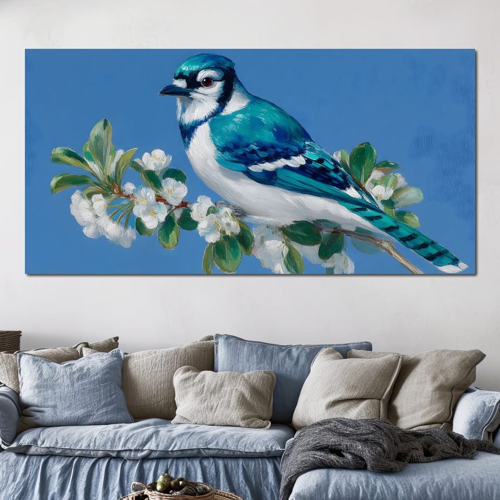 tablou canvas cu o pasare albastra pe o ramura cu flori albe, pe fundal bleu in stil pictura