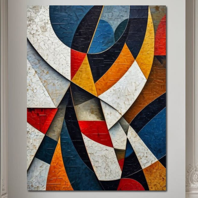 Tablou Canvas Premium LuxCanva® J1015: Falii de Lumina - compoziție abstractă modernă cu formă geometrică, culori vibrante și texturi dinamice. Ideal pentru decorul livingului sau dormitorului, aduce un plus de rafinament și originalitate.