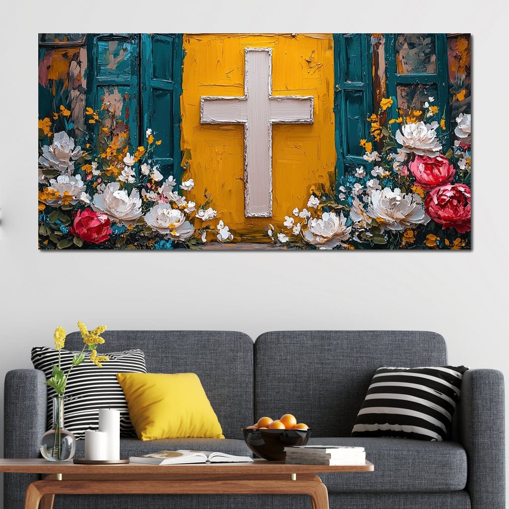 Tablou Canvas Premium LuxCanva® H1057, Evlavie Florala, Credinta, Cruce, Flori, Gradina, Lumina, Rasarit, Speranta, Puritate, Spiritualitate, Simbol Sacru, Living, Dormitor