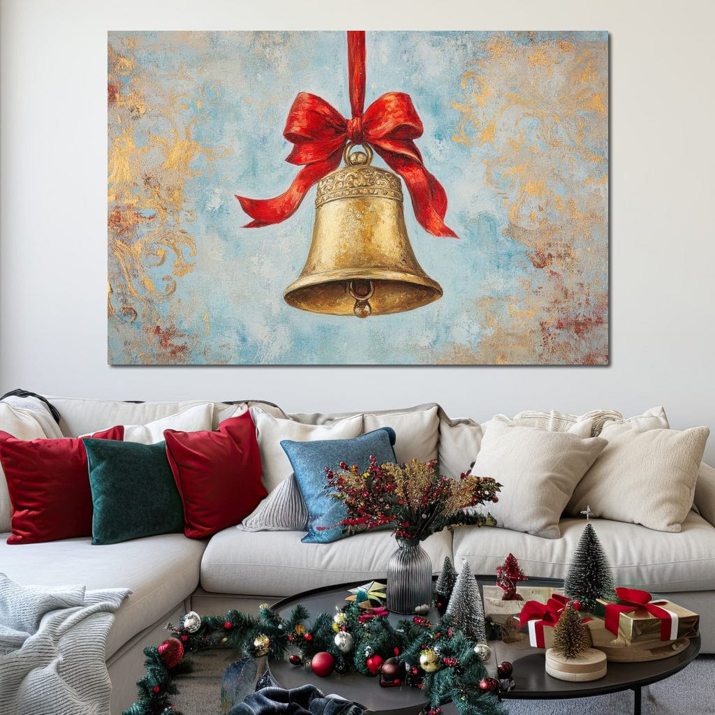 Tablou Canvas Premium LuxCanva® D1039, Clopotelul Muzical , Clopot, Brad, Decoratiune, Auriu, Muzical, Colindat, Living Room, Culori vibrante