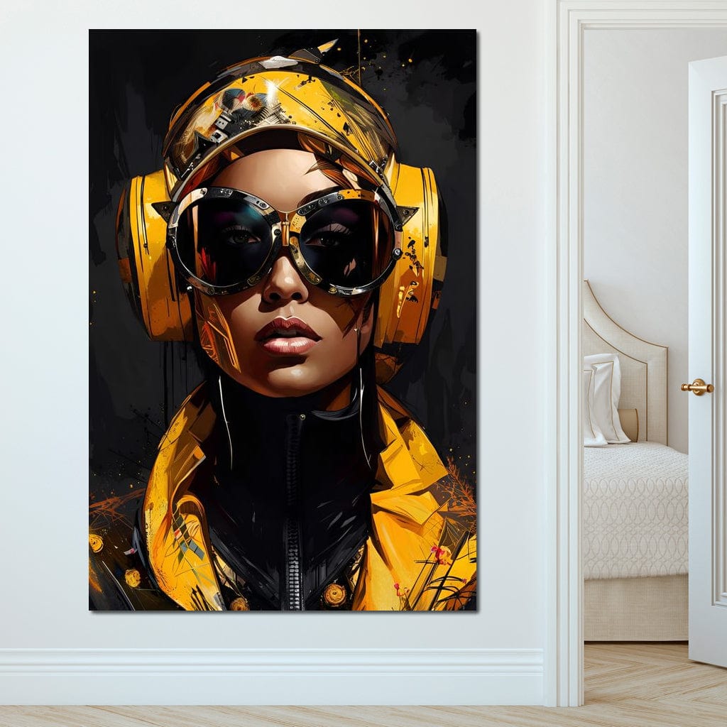 Tablou Canvas Premium, LuxCanva® G1098, Fata Viitorului, Privire, Cyber, Galben, Ochelari, Casti, Urban, Galactic, Avangardist, Living, Dormitor