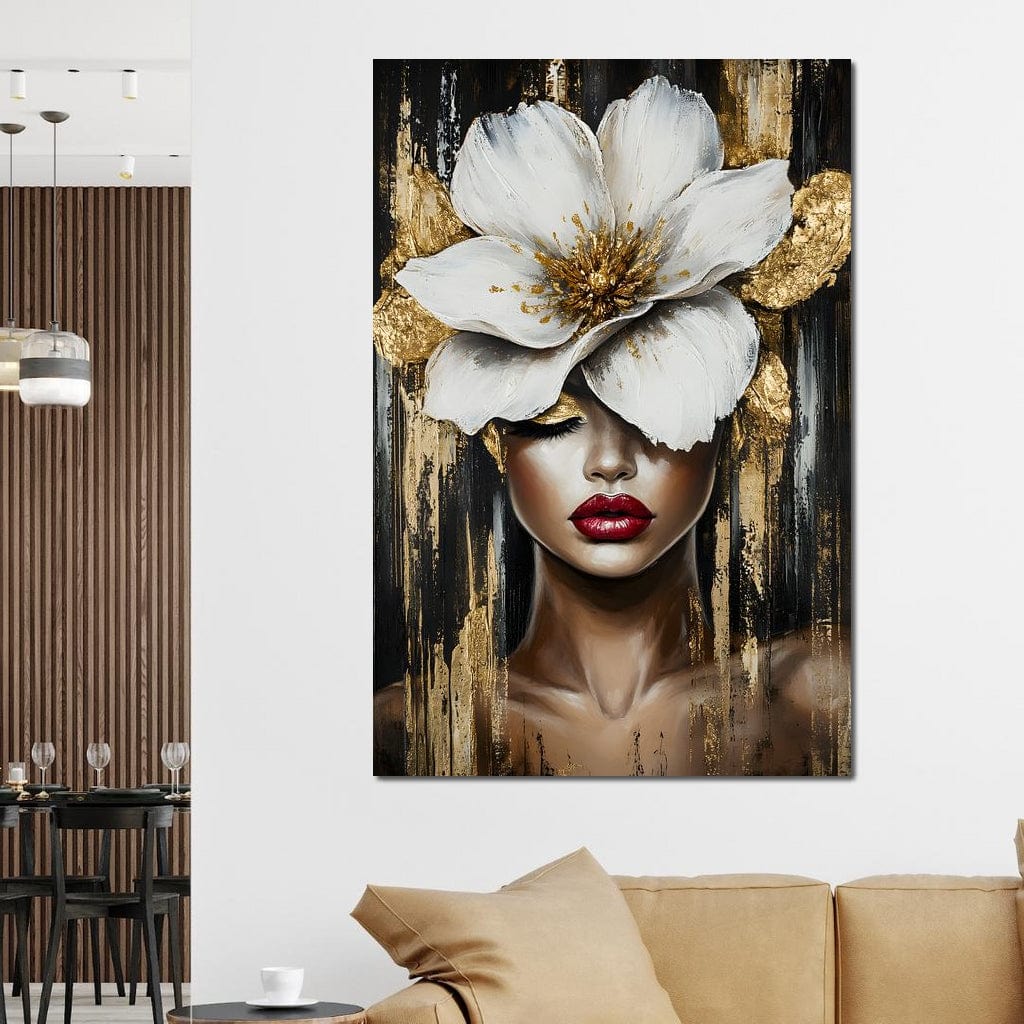 Tablou Canvas Premium, LuxCanva® G1103, Femeia de Sub Floare, Chip, Angelic, Inflorire, Delicatete, Fragilitate, Pasiune, Flori, Living, Dormitor