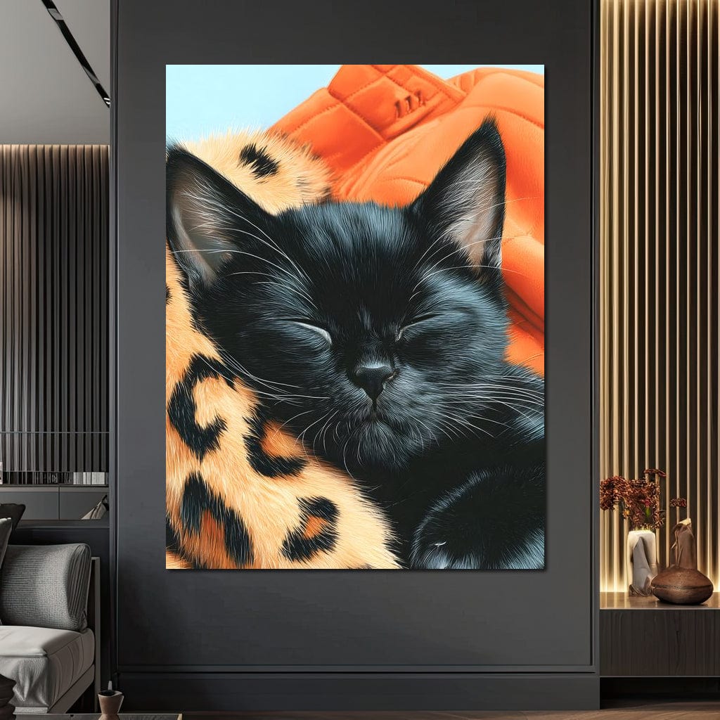 tablou canvas cu o pisica neagra dormind profund pe o patura cu animal print leopard, pe fundal albastru pastelat