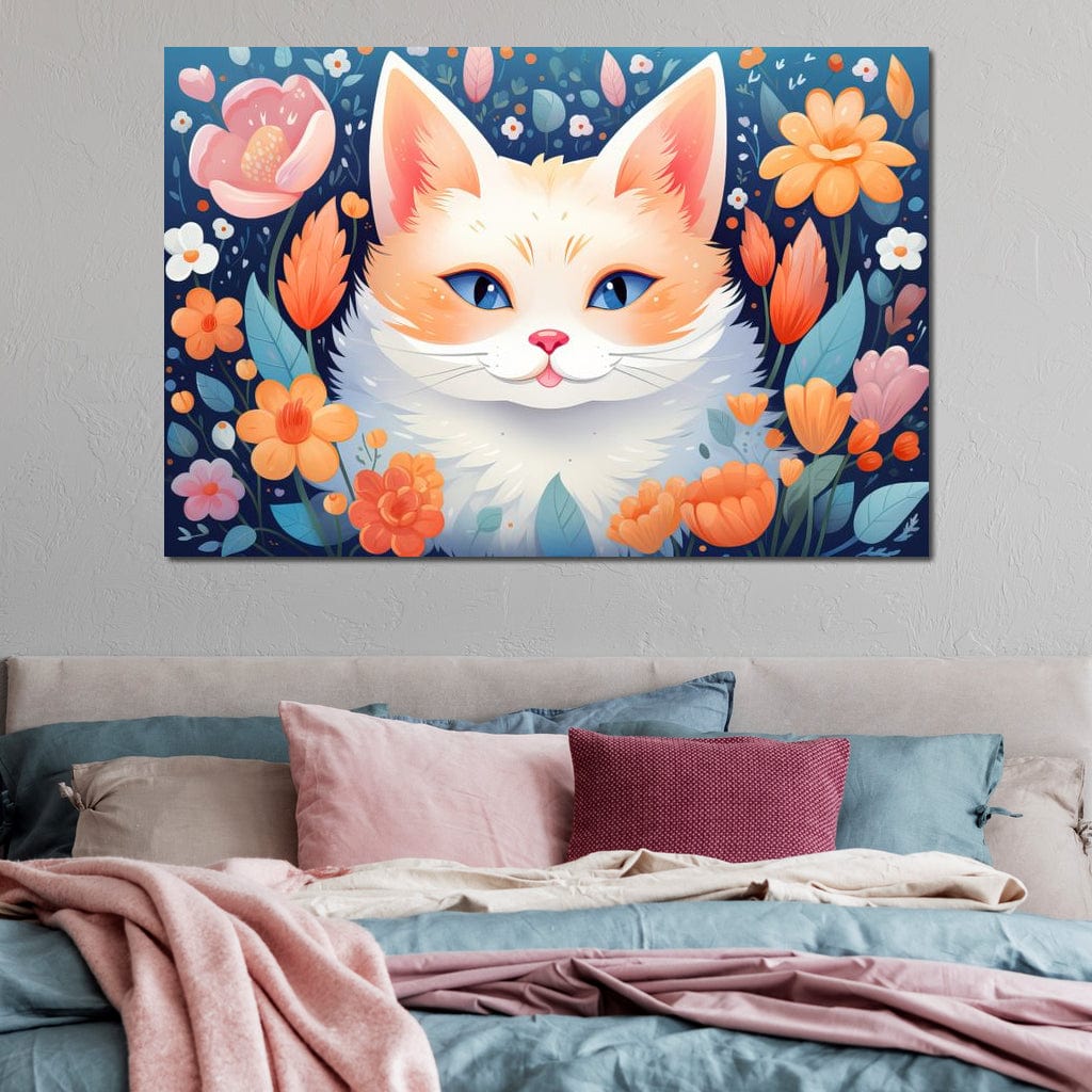 Tablou Canvas Premium, LuxCanva® K1011, Pisicuta Fermecatoare, Regina, Flori, Petale, Privire, Blanita, Pufosenie, Inflorat, Felina, Mustati, Camera Copii