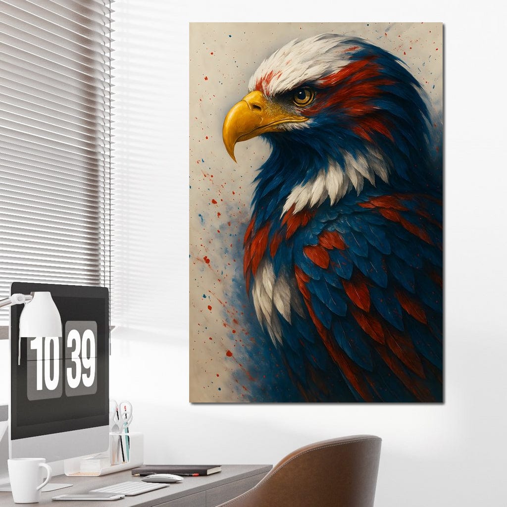 tablou canvas cu un vultur colorat in nuante de rosu, albastru si alb