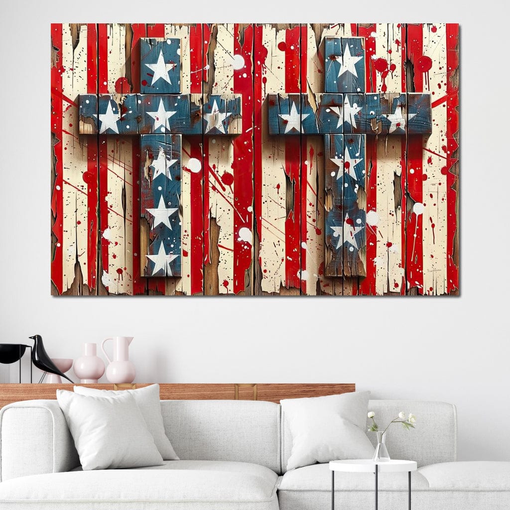 Tablou Canvas Premium LuxCanva® H1041, Crucea Libertatii, Credinta, Cruce, Libertate, Patriotism, Drapel, Stele, Simbol Crestin, Arta Patriotica, Living, Dormitor