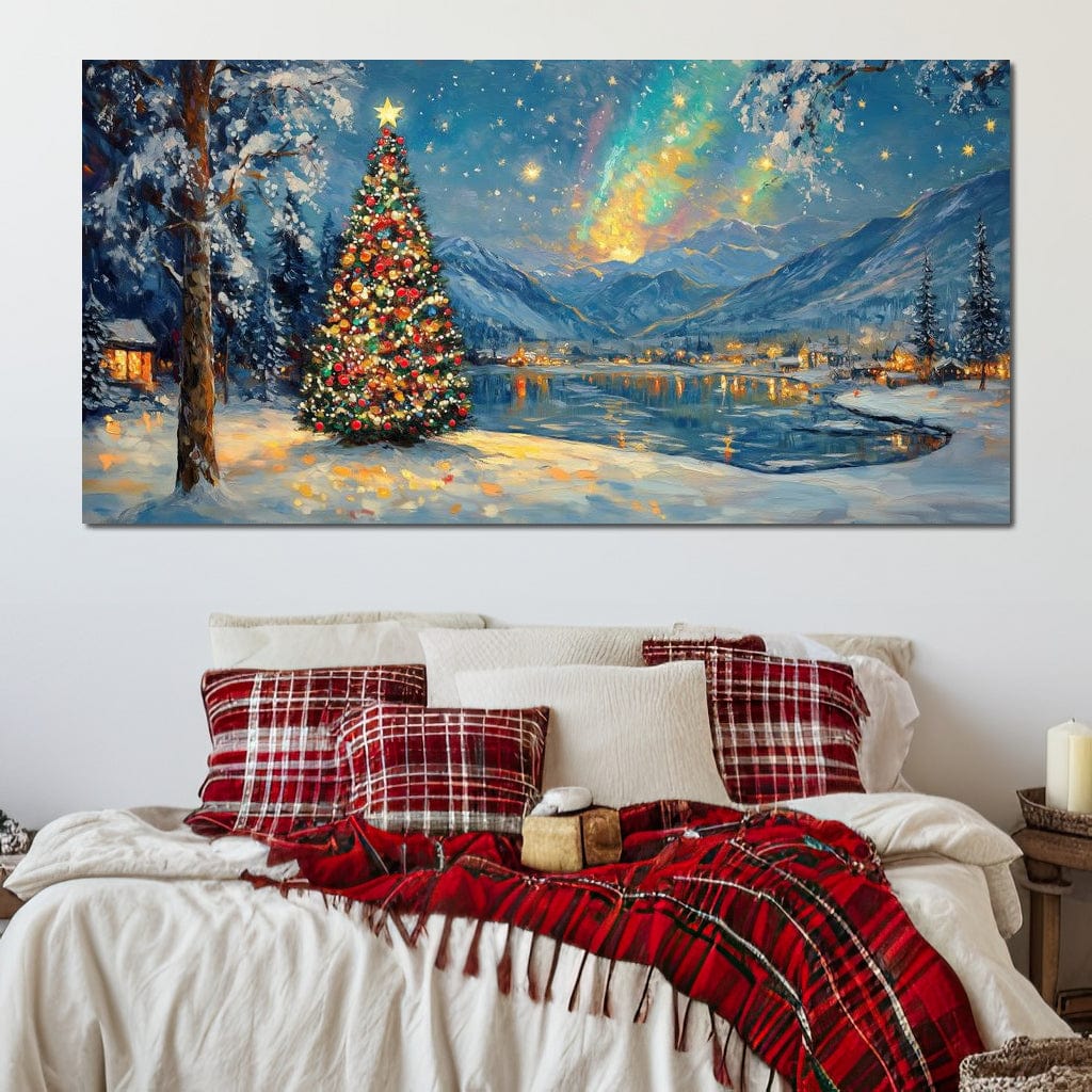 Tablou Canvas Premium LuxCanva® D1018, Luminile Magice ale Craciunului ,  Brad, Beculete, Lac, Sat, Stralucire, Living Room, Culori vibrante