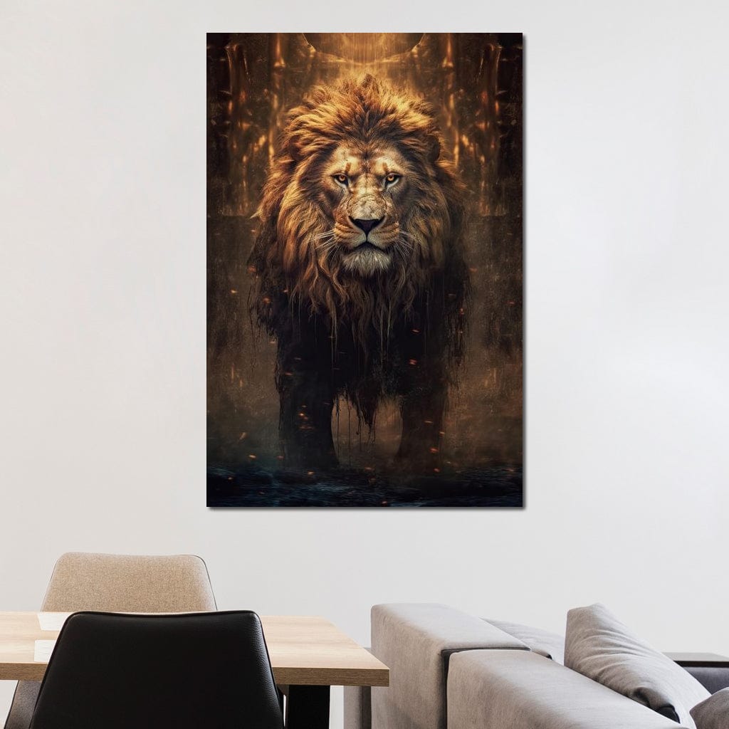 tablou canvas cu un leu impunator, redat in tonuri aurii si lumini dramatice