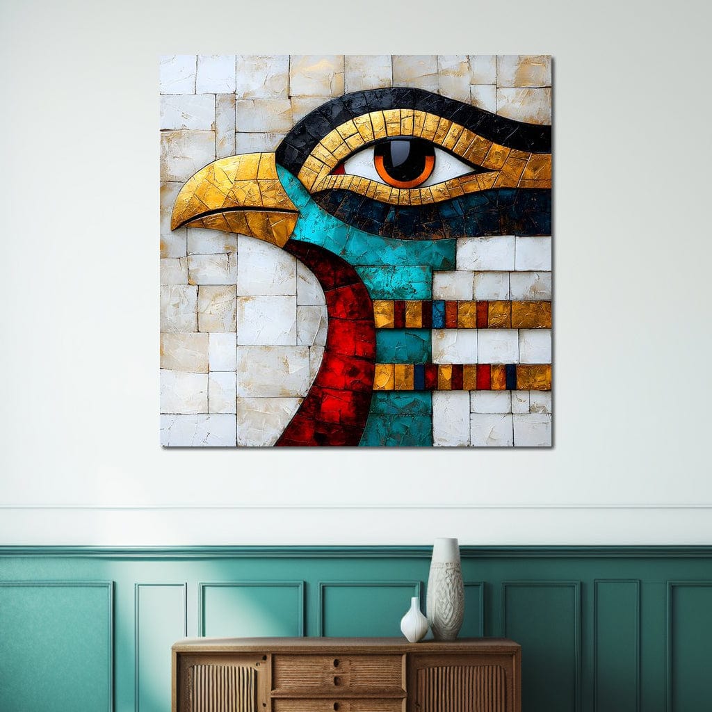 tablou canvas cu o pasare in stil egiptean redat in culori vibrante si forme geometrice