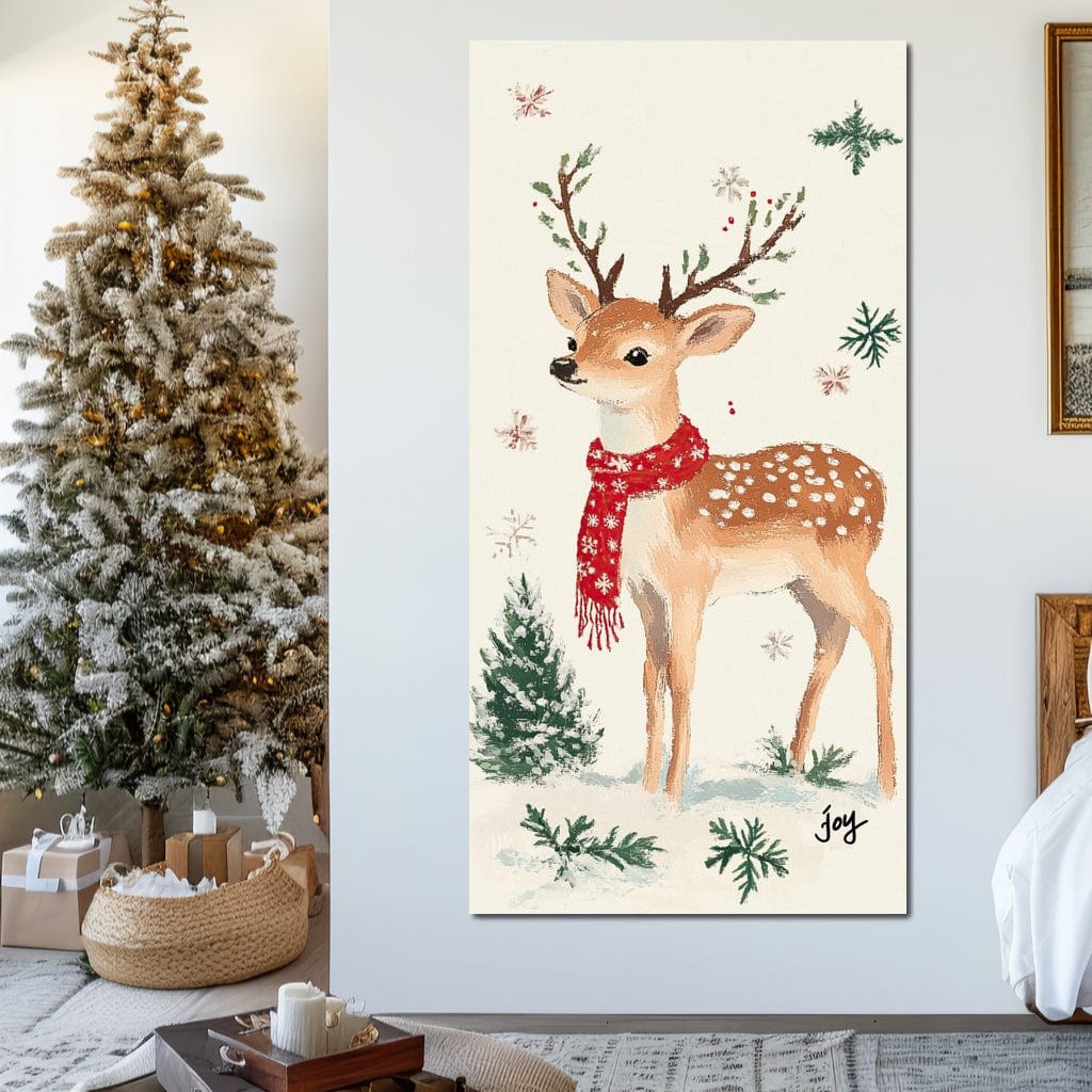 Tablou Canvas Premium LuxCanva® D1049, Povestea Renului cu Fular Rosu ,  Ren, Brad, Fular, Rosu, Zapada, Living Room, Culori vibrante