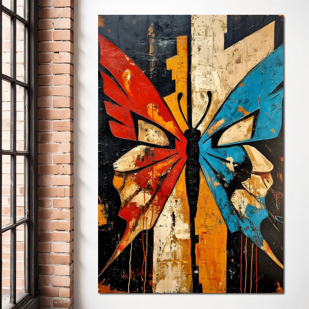 tablou canvas cu un fluture abstract in nuante de rosu si albastru, pe fundal urban texturat in stil pictura graffiti