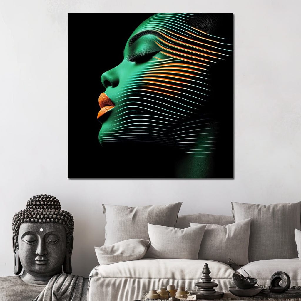 Tablou Canvas Premium, LuxCanva® G1159, Metamorfoza Verdelui, Modern, Expresiv, Portret, Verde, Negru, Futurist, Culori, Efecte, Vibrante, Optic, Raze, Profil, Femeie, Birou, Living, Dormitor