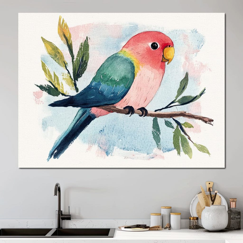 tablou canvas cu un papagal mic si colorat pe o ramura, pe fundal pastelat stil acuarela