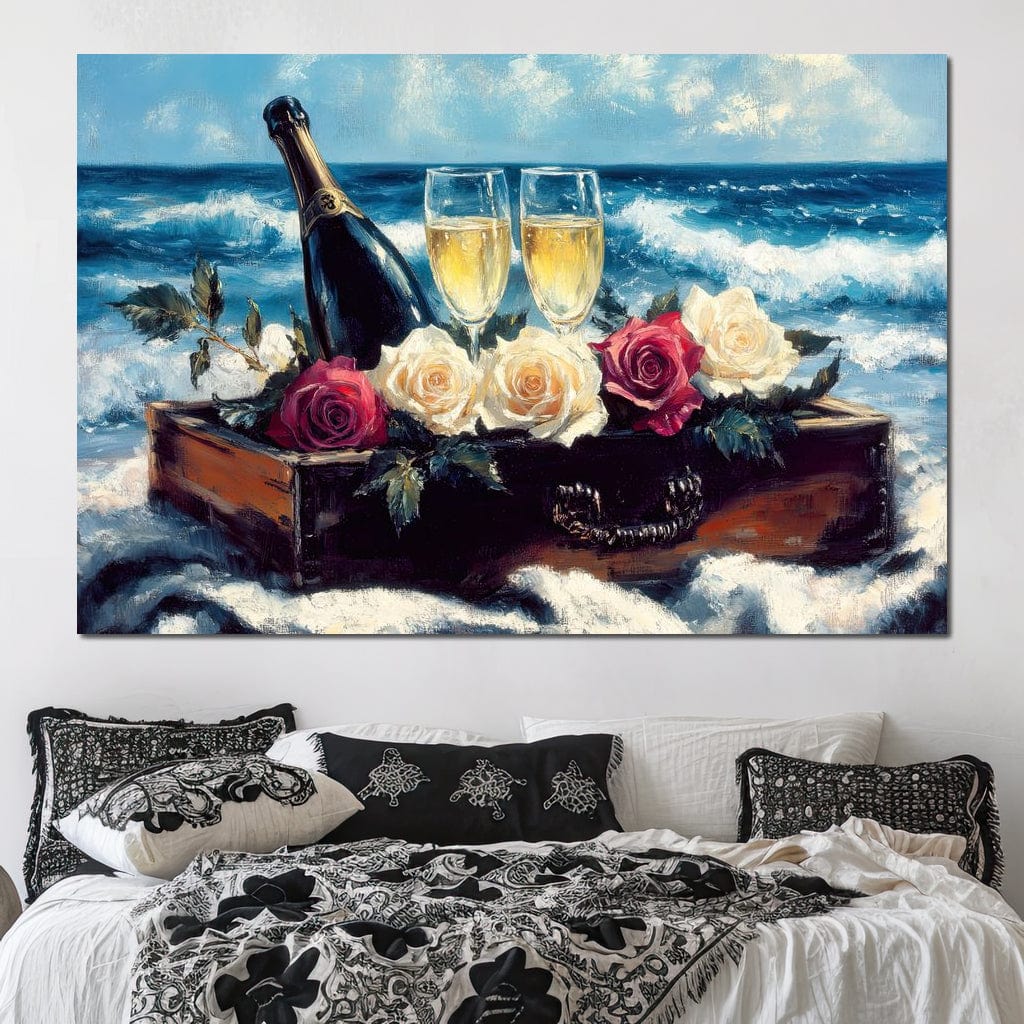 Tablou Canvas Premium LuxCanva® E1052, Sampanie la Tarmul Marii, Valuri, Pahare, Lux, Trandafiri, Exotic, Living Room, Culori vibrante