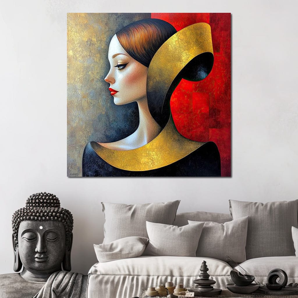 Tablou Canvas Premium, LuxCanva® G1123, Tacerea Geometrica, Femeie, Profil, Aur, Rosu, Arta, Expozitie, Abstract, Geometrie, Tacere, Living, Dormitor
